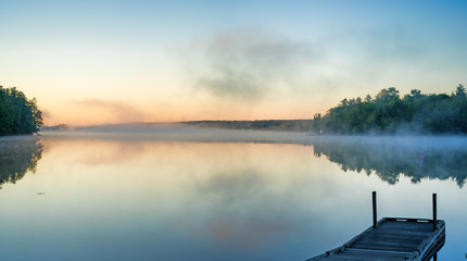 Toddy Pond, Maine with mist and wharf - obrazy, fototapety, plakaty