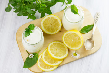 Fresh yogurt with lemon. Small depth of field