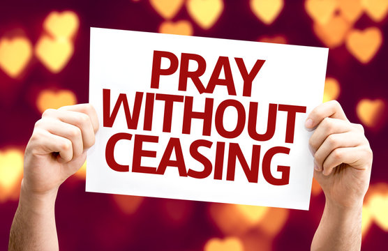Pray Without Ceasing card with heart bokeh background