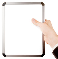 Businessman in suit holding an empty whiteboard (magnetic board)