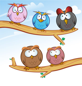 funny owl group cartoon on tree
