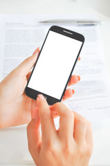 Woman hand with blank display of a mobile phone