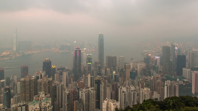 Day To Night Hong Kong City and Mist in Sky (zoom out) 