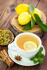 Hot tea with lemon in the cup closeup