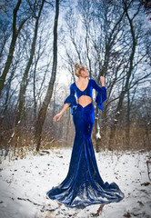Fototapeta premium Back side view of lady in long blue dress posing in winter scene