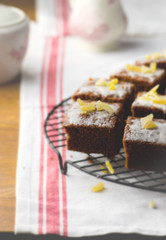 slices of a ginger parkin on a lattice for cooling.