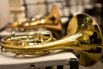 Naklejka na ściany i meble French horn in the concert hall. Wind instrument.