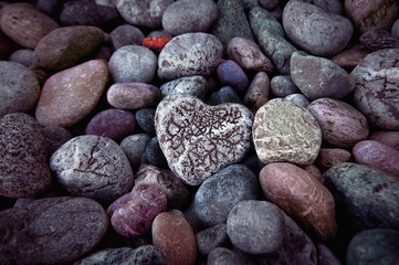 Single  heart on black pebble stones, still life.