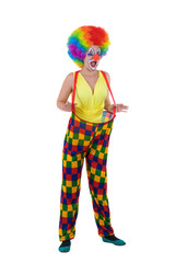 Funny clown in colorful wearing, standing on white background