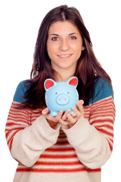 Casual Girl With A Blue Money Box