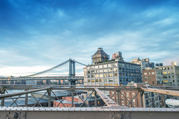 Brooklyn skyline from Brooklyn bridge at dusk, New York City - U