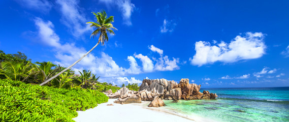 panorama of beautiful beach in La digue island, Seychelles
