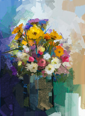 Vase with still life a bouquet of flowers. Oil painting