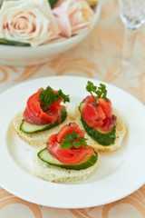 Fototapeta na wymiar Canapes with smoked salmon and cucumber