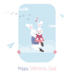 Cute bunnies with book. Greeting card for Valentines Day.