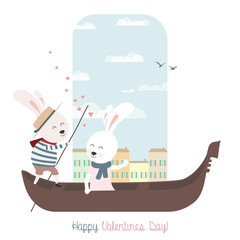 Cute bunnies in gondola. Greeting card for Valentines Day.