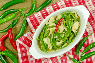 Stir Fried Chicken Breast with Green Organic Cayenne Pepper (Capsicum annuum Linn. Var acuminatum Fingerh.) in Chinese Style.