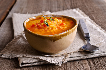Soup of red lentils and vegetables