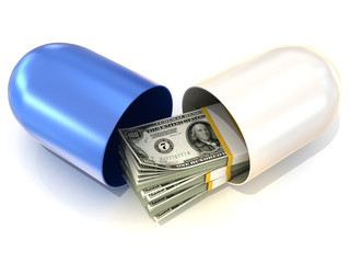 Opened blue pill capsule, with dollars stack inside. Isolated