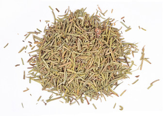 Heap of dried rosemary on a white