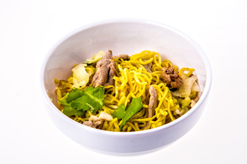Chinese egg noodles white background.