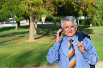 Businessman talking by phone in park
