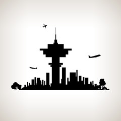 Silhouette control tower at the airport, vector illustration - obrazy, fototapety, plakaty