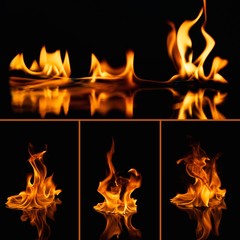 Set of fire flames on black