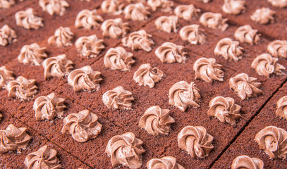 Close up view of chocolate sheet cake 