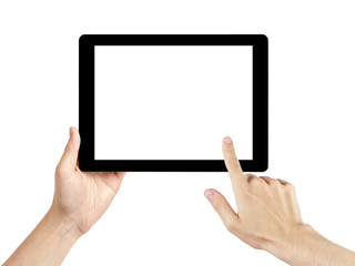 adult man hands using generic tablet pc with white screen
