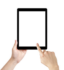 adult man hands using generic tablet pc with white screen