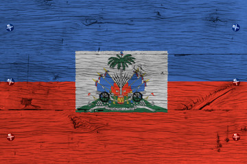 Haiti national flag coat arms painted old oak wood fastened