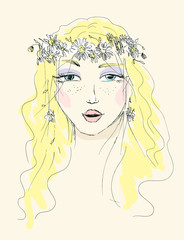 sketch of a woman with flowers in her hair