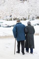 Senior citizens - man with a walking stick and his wife - holdin