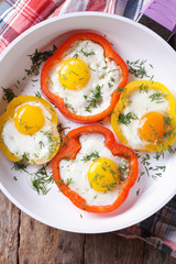 fried eggs with peppers on a pan. top view vertical close-up