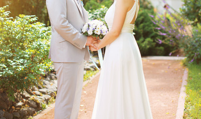 Beautiful wedding couple, bride and groom on the nature in sunny