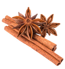 cinnamon stick and star anise spice isolated on white background
