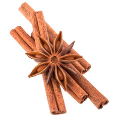 cinnamon stick and star anise spice isolated on white background