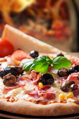 Delicious italian pizza served on wooden table