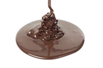 hot liquid chocolate pouring onto white background isolated
