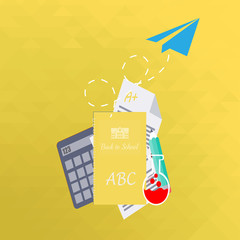 school supplies, notebook and paper plane  over yellow  color  b