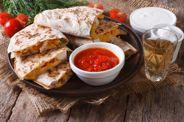 Sliced quesadilla with chicken and vegetables horizontal