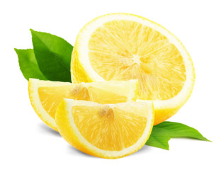 lemon slices with leaves isolated on the white background