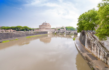 Along Tiber river, Rome. St Angel Castle in background