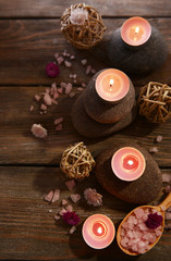 Composition of spa treatment on wooden background