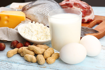 Food high in protein on table, close-up