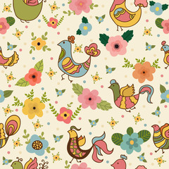 Seamless pattern with cute cartoon birds and flowers