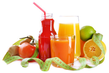 Dietary cocktail with fruits and centimeter isolated on white