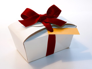 Wrapped vintage gift box with red ribbon bow on light background