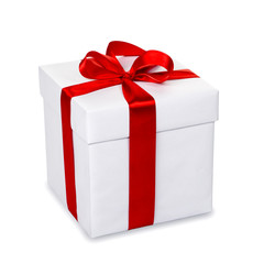White gift box with red ribbon and bow, isolated on white backgr
